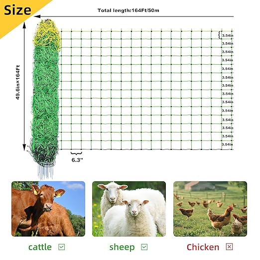 Electric Fence Netting,164'Lx49.6"H, Electric Livestock Netting with 14 Double Barbed Poles, Suitable for Pigs, Cows, Sheep and Other Large Animals, Portable Electric Fence for Farms, Ranches