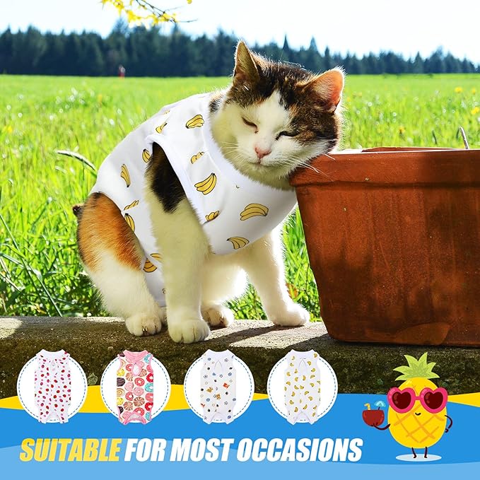 4 Pieces Cat Recovery Suits Body Wraps Breathable Kittens Recovery Clothes for Cats Small Dogs Abdominal Weaning(Banana, Football, Strawberry, Donut,S)