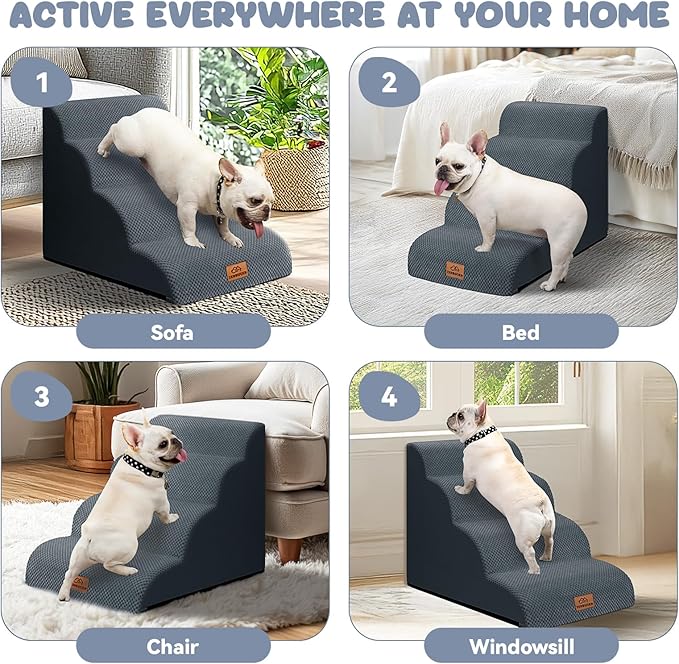 Dog Ramp and Stair for Bed 16" H-20 H,3-Step Cat Stair for Sofa and Chair,4-Step Dog Ramp for High Bed and Window,Durable Nonslip Fabric Cover for Indoor (Dark Grey-20 H, Pet Friendly, 4)