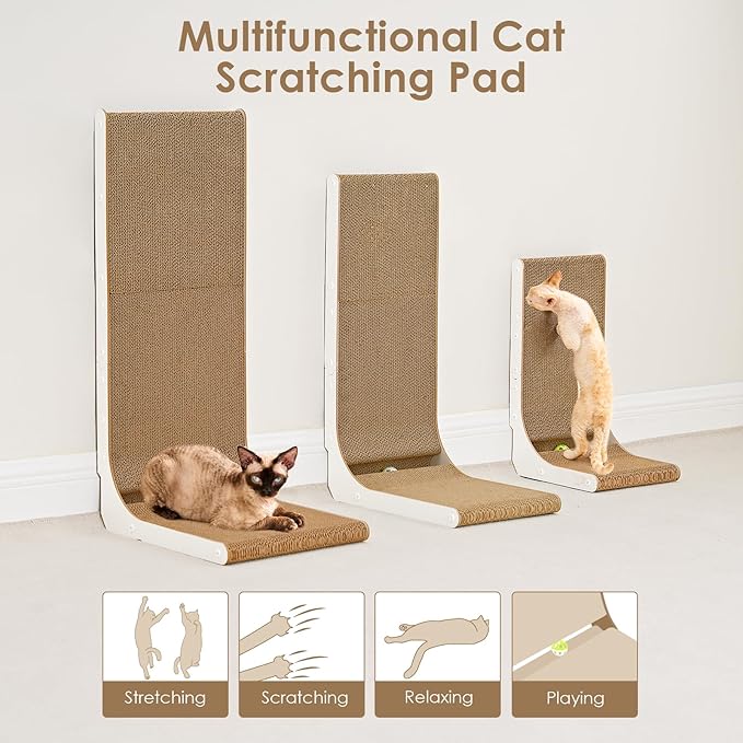 EHEYCIGA Cardboard Cat Scratcher for Indoor Kitten Cats, 19 Inch L Shaped Vertical Cat Scratching Board with Ball Cat Toy, Small Cat Scratcher Pad, White