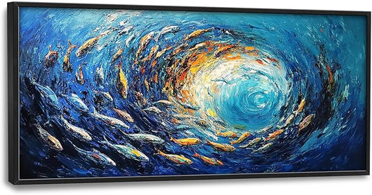 Extra Large Framed Abstract Ocean Fish Wall Art,Oversized Blue Sea Nautical Fish Wall Decor Pictures for Living Room,Canvas Print Painting Modern Artwork Bedroom Office Bathroom Home Decor 60L x30W