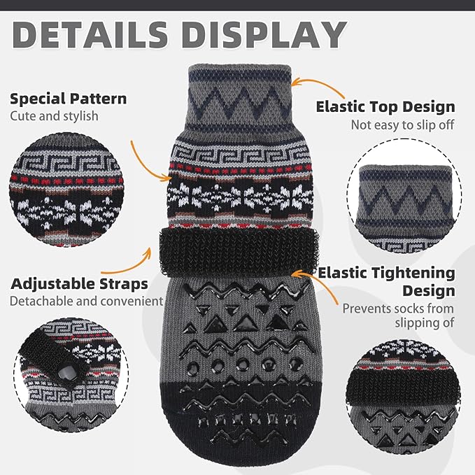 KOOLTAIL Dog Socks to Prevent Licking Paws for Hardwood Floors Anti Slip, Winter Warm Pet Boots&Paw Protector with Grippers, Double Sides Dogs Shoes Booties for Small Medium Large Senior Puppy Grey S
