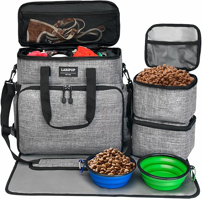 Dog Travel Bag,Weekend Pet Travel Bag Set for Dog and Cat,Airline Approved Tote Multi-Function Dog Bags for Traveling,Include 2 Collapsible Bowls,2 Food Storage Containers,1 Feeding Mat,Gray