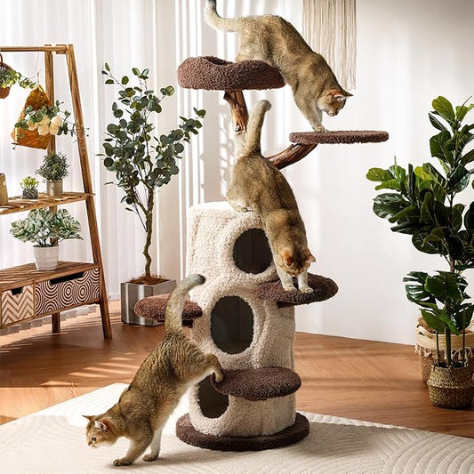 54.7'' Tall Modern Wood Cat Tree with 3 Level House, Luxury Cat Tower for Home Decoration, Large Cat Condo for Multi-Cat Families