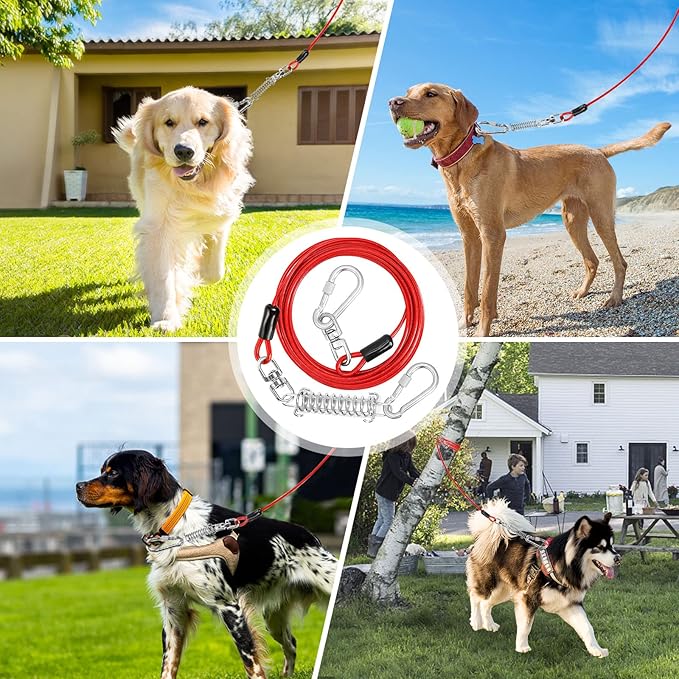 Jenico Dog Tie Out Cable, 10-150FT Runner Cable with Swivel Hook and Shock Spring, Yard and Camping Dog Leash Tether for Small to Medium Pets Up to 500 LBS