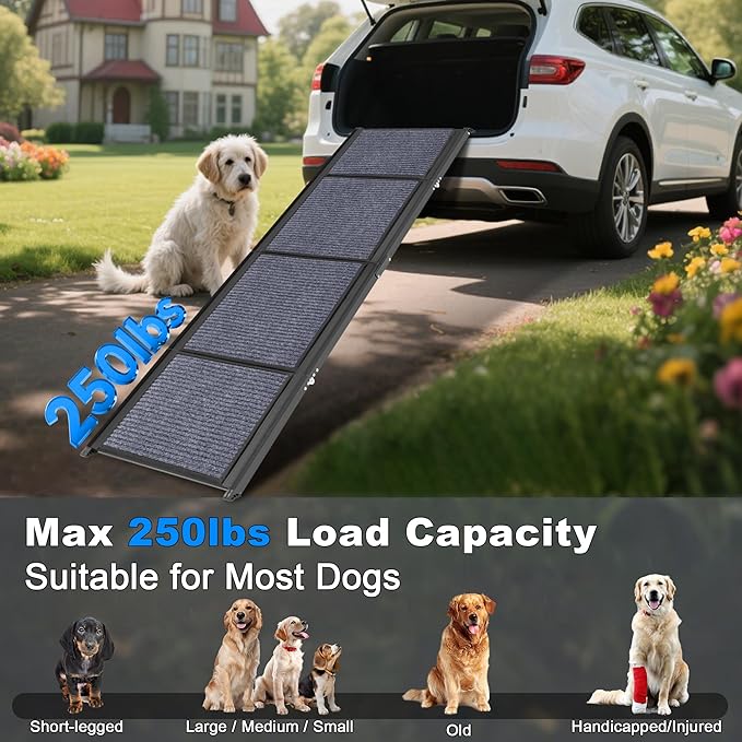 AQUILLA Dog Ramp for Car, 71" Extra Long Folding Dog Ramp, Anti-Slip Felt Surface, Lightweight Pet Ramps for Large Dogs, Portable Outdoor Dog Car Ramp for SUV, Truck, Up to 250LBS (71" L x 19.7" W)