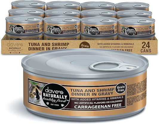 Dave's Pet Food Grain Free Wet Cat Food Gravy (Tuna & Shrimp Dinner in Gravy), Naturally Healthy Canned, Added Vitamins, 5.5 oz Cans (24 Pack)
