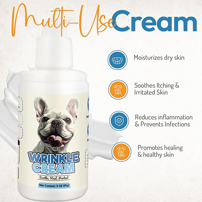 Bulldog Wrinkle Wipes & Cream Bundle - Deep Cleaning Wrinkle Wipes + Soothing Dog Wrinkle Cream - Hypoallergenic for Bulldogs, Pugs, Frenchies (100 Wipes + 85g Cream)