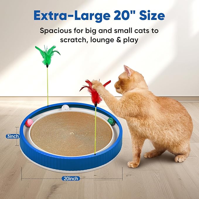 20-Inch Round Cat Scratcher with Ball Track – 3-in-1 Cardboard Scratching Pad with Feather Toy & Non-Slip Base – Interactive Cat Toy for Indoor Cats, Kittens & Large Cats (Blue)