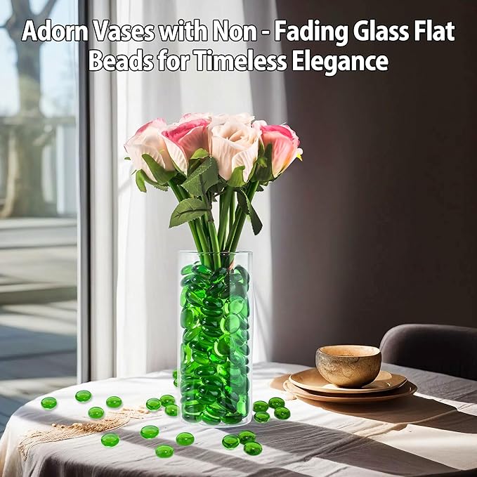 Green Glass Marbles, 0.97 LB Transparent and Smooth Flat Glass Beads for Vases, Mosaic Gem Pebbles for Aquarium Decor, Floral Arrangements, Mancala Stones, Vase Filler and Crafts (Approx. 80-100 PCS)