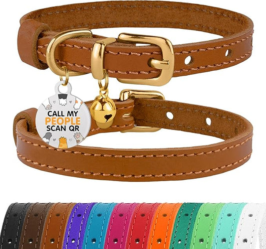 BRONZEDOG Leather Cat Collar with Removable Bells Non Breakaway Kitten QR Tag for Girl Boy (9" - 12" Cats/Mini Dogs, Light Brown & Gold)