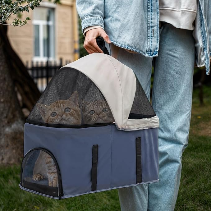 MoNiBloom 3 in 1 Foldable Pet Stroller for Small & Medium Dogs, Detachable Carrier, Car Seat, Push Button Entry, 4-Wheel Jogger for Pets up to 33 lbs, Navy Blue