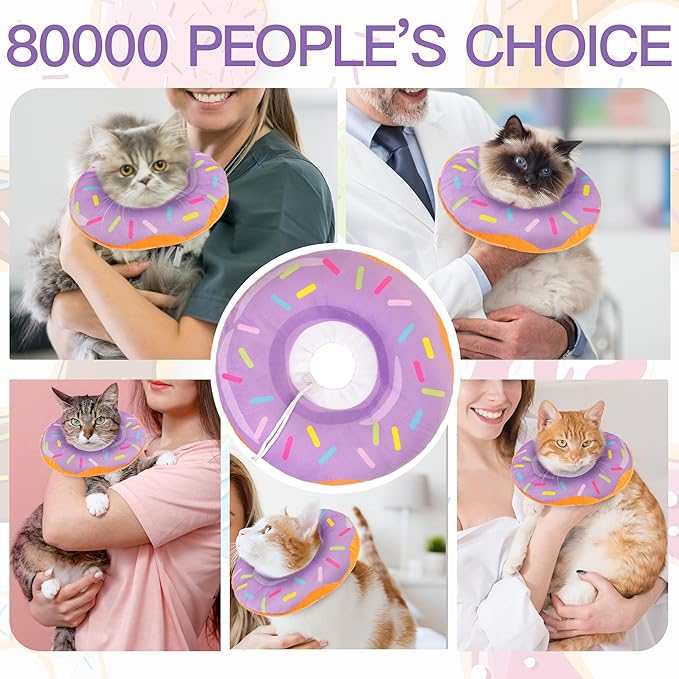 Cat Cone Collar Soft, Cute Cat Donut Collar After Surgery, Adjustable Kitten Recovery Cones to Stop Licking, Lightweight Neck Elizabethan Collars for Cats Kittens(Purple, Small)