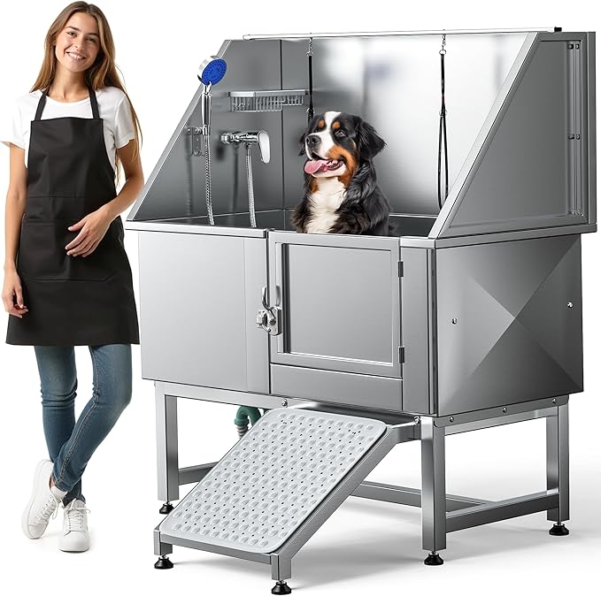 DWVO Professional Pet Dog Bathing Station for Grooming, 50'' Dog Grooming Bathtub with Right Ramp, Floor Grate, Faucet, Showerhead & Soap Holder for Large, Medium & Small Pets