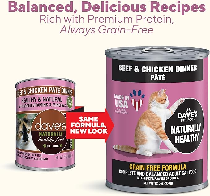 Dave's Pet Food Grain Free Wet Cat Food Pate (Beef & Chicken), Made in USA Naturally Healthy Canned, 12.5 oz Cans (12 Pack)