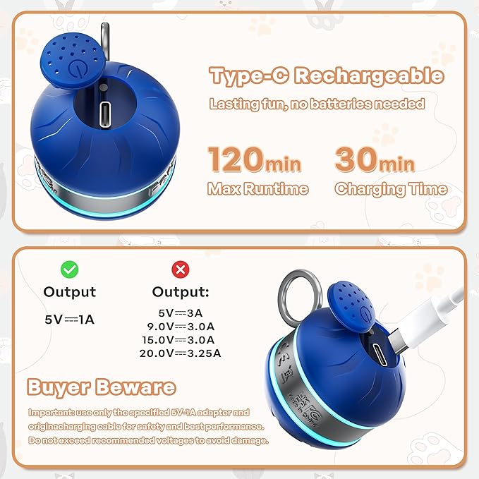 Interactive Cat Toys for Indoor Cats with 3 Mouse Tails,Electric Cat Ball Toy with Bird Chirping Sounds,Automatic Spinning Moving,300mAh Long Endurance Type-C Rechargeable,Pet Cat Supplies (Blue)