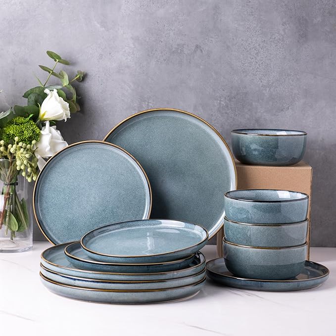 GBHOME Ceramic Dinnerware Sets for 4, 12 Pieces Stoneware Plates and Bowls Sets, Reactive Glaze Dishes -Scratch Resistant, Dishwasher&Microwave Safe, Space Blue