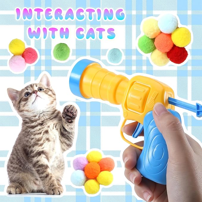 21Pcs Cat Ball Toy Launcher - Includes 20 Colorful Plush Cat Balls and Exciting Launcher Set，Funny Interactive Cat Toys for Bored Indoor Adult Cats, Cute Kitten Kitty Toys