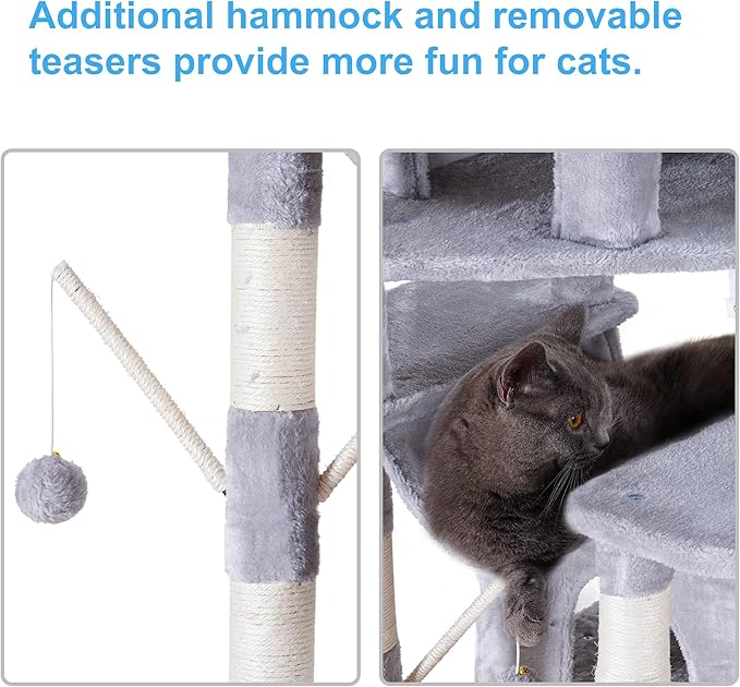 Hey-brother Cat Tree, 71 inches XL Large Cat Tower for Indoor Cats, Multi-Level Cat House with 3 Padded Perches, Big Scratcher, Cozy Basket, 2 Cat Condos and Scratching Posts, Light Gray MPJ034W