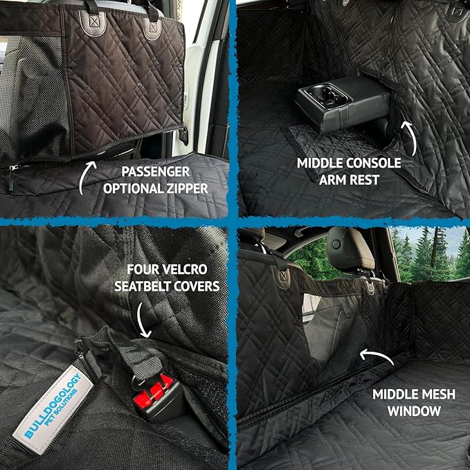 Bulldogology Dog Car Seat Cover with Mesh & Zippers Waterproof Heavy Duty Dog Hammock Backseat Protector from Dog Hair, Muddy Paws, Scratches - Pet Car Seat Cover for Cars Trucks SUVs (Large, Black)