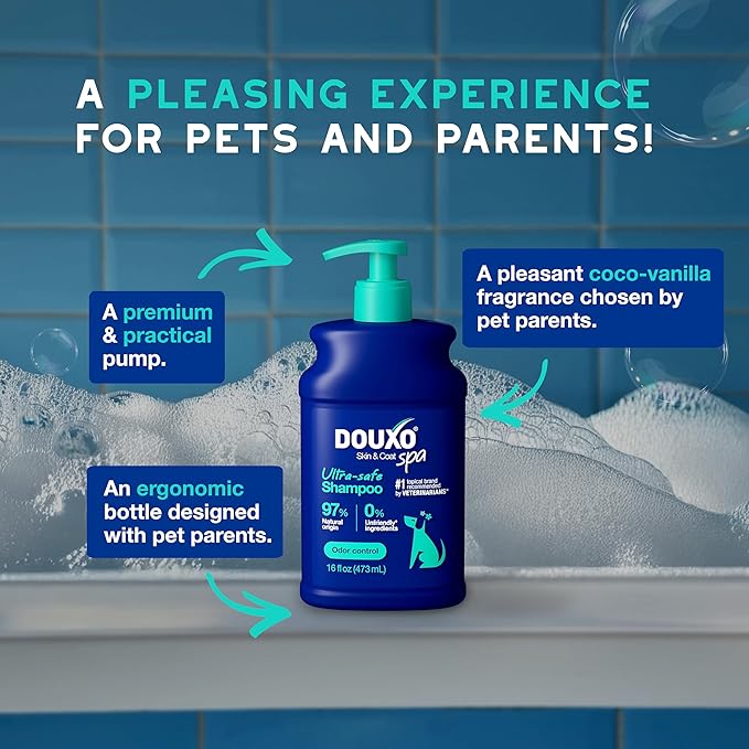 DOUXO® Skin & Coat SPA - Ultra-Safe Odor Control Dog Shampoo for Smelly Dogs, 16 fl oz, Cleans and Hydrates The Skin, Removes Odor, Leaves The Coat Soft and Smelling Great, Skin-Friendly Formula