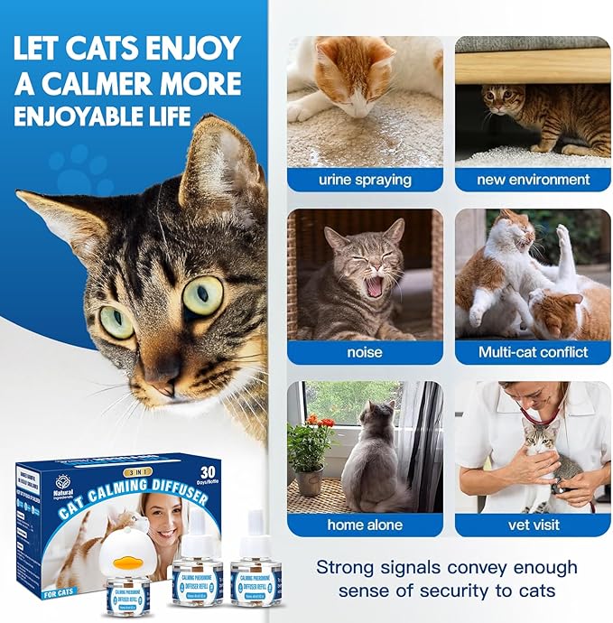 Cat Calming Pheromones Diffuser: 3-in-1 Kit Cat Appeasing Pheromone Diffuser to Calm (1 Plugin+2x48ml Refills) for Comfort Reduces Stress Anxiety, Long-Lasting Appeasing Pheromone for Pet Cat (3in1)