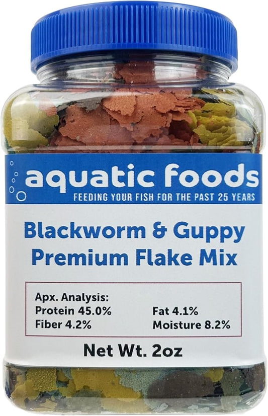 Aquatic Foods Inc. California Blackworm & Guppy Mix Premium Flakes for Discus, Cichlids All Community Tropical Fish Also Pellet Mix, Wafer Mix Included…2oz