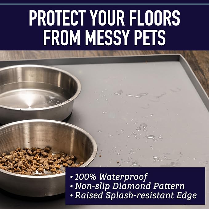 Leash Boss Dog Food Mat for Food and Water Bowls, Waterproof Silicone Pet Feeding Mat for Floors, Extra Tall Raised Edges, Cat and Dog Placemat for Floors, Dishwasher Safe (XXL: 30" x 22" - Black)