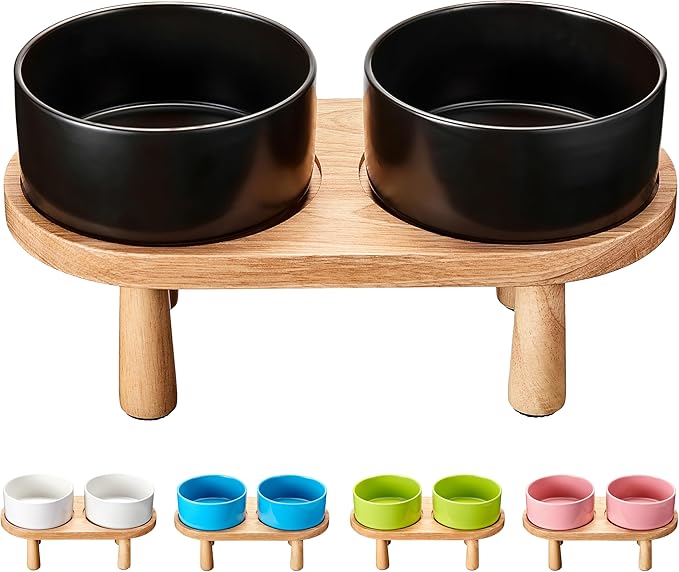 Ceramic Elevated Dog Bowls, Pet Food and Water Bowl Set for Small Dogs and Cats, 1.7 Cups Elevated Cat Bowls with Wood Stand, 14OZ, Black