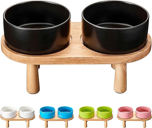 Ceramic Elevated Dog Bowls, Pet Food and Water Bowl Set for Small Dogs and Cats, 1.7 Cups Elevated Cat Bowls with Wood Stand, 14OZ, Black