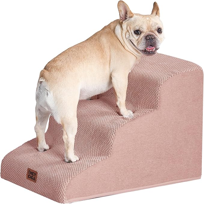 EHEYCIGA Curved Dog Stairs Ramp for Small Dogs 15.7" H, 3-Step Dog Steps for Couch Sofa and Chair, Pet Stairs for Cats, Non-Slip Balanced Pet Steps Indoor, Dusty Pink