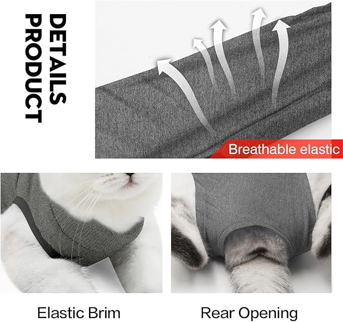 DOTON Cat Recovery Suit for Male and Female Surgical Post Surgery Soft Cone Onesie Shirt Clothes Neuter Licking Protective Diapers Outfit Cover Kitten Spay Collar(S, Grey)