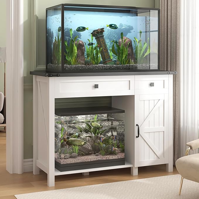 40 Gallon Aquarium Stand With Charging Station, Farmhouse Fish Tank Stand, Reptile Tank Stand Terrarium Stand with Drawer and Cabinet Storage, Sturdy Heavy Duty 41.9"×18.3" Tabletop - White
