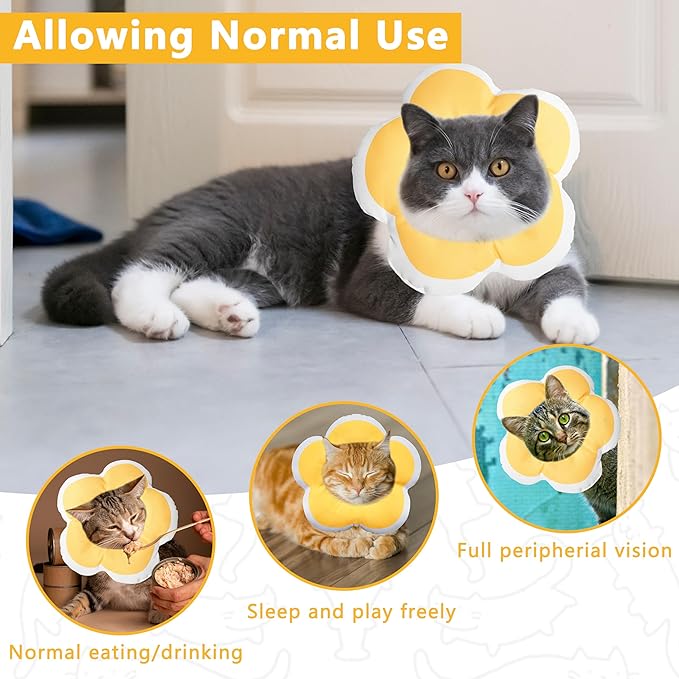 Cat Cone Collar Soft, Waterproof Cats Cones to Stop Licking After Surgery, Adjustable Soft Elizabeth Cats Collars for Wound Healing, Flower Shape Cat Recovery Collar (Yellow, Medium)
