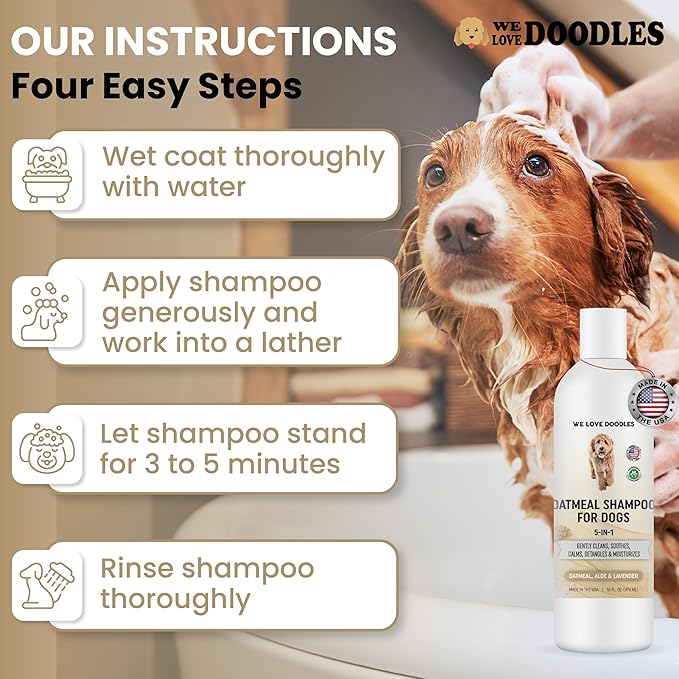5-in-1 Premium Oatmeal Shampoo for Dogs, Gentle for Itchy & Sensitive Skin, Provides Itch Relief, Hypoallergenic & Soothing for Dry Skin, Moisturizing Anti-Itch, Made in USA, 16 oz [We Love Doodles]