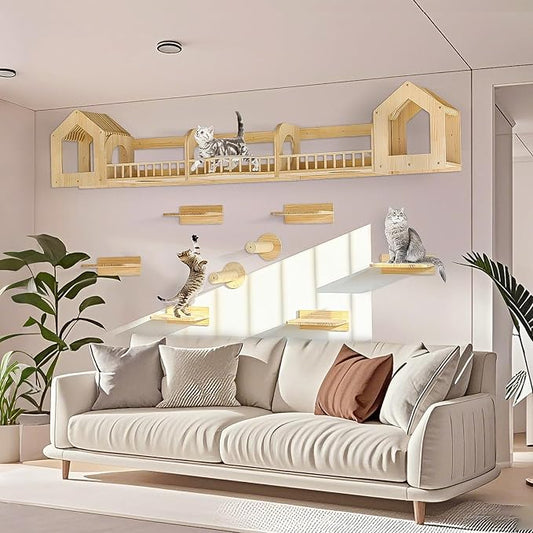 Cat Wall Shelves and Furniture Set with Condos, Perches, Bridge Ladders, Sisal Scratching Posts - Steps and Houses for Cats (D)