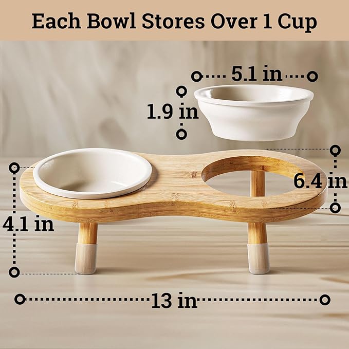 Elevated Cat Bowls - Set of 2 Ceramic Pet Food Bowls with Anti-Slip Bamboo Stand - 15 Degree Titled - Raised Dog Bowl for Small Dogs - Raised Cat Bowl Stand - Pet Feeding Station for Cats & Small Dogs