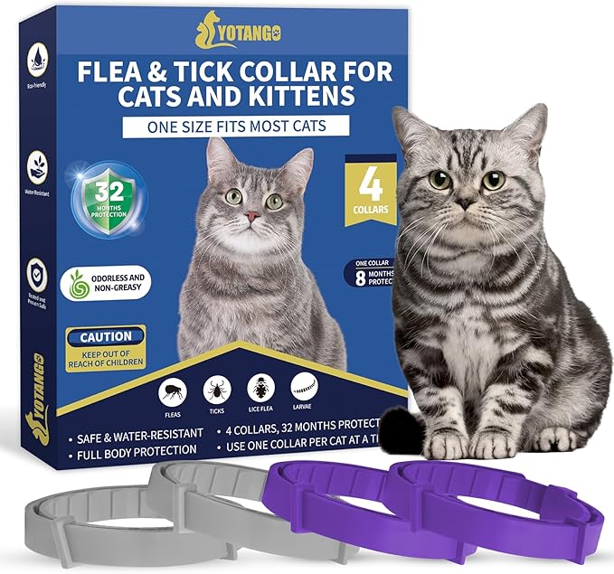4 Pack Flea Collar for Cats, 32 Months Flea and Tick Prevention for Cats, Waterproof Cat Flea Collar, Natural Cat Flea and Tick Treatment, Adjustable Flea and Tick Collar for Cats Kittens(Grey&Purple)