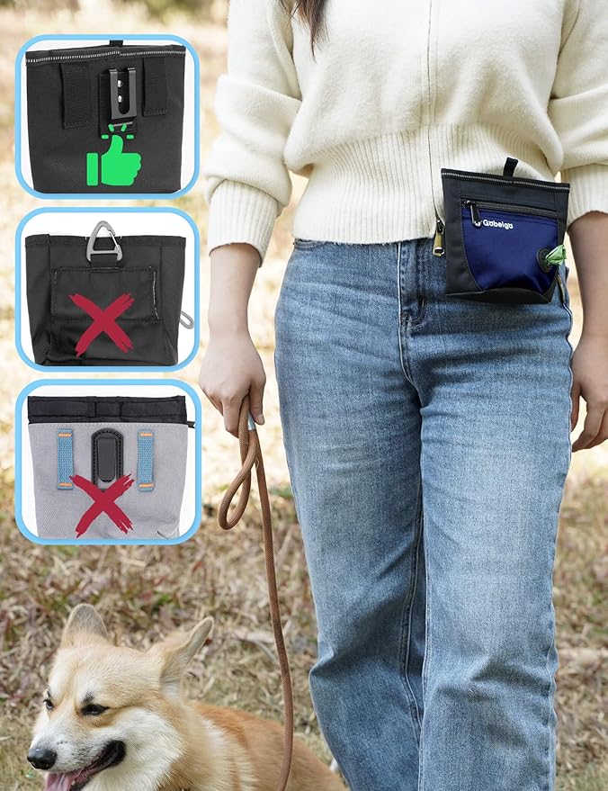 Gobeigo Dog Treat Pouch and Training Clicker, Upgrade Two Magnetic Closure to Prevent Spills, 2 Cup Treat Bag with Poop Bag Dispenser, Metal Clip Waist Belt Fanny Pack for Pet Walk (Black/Blue)