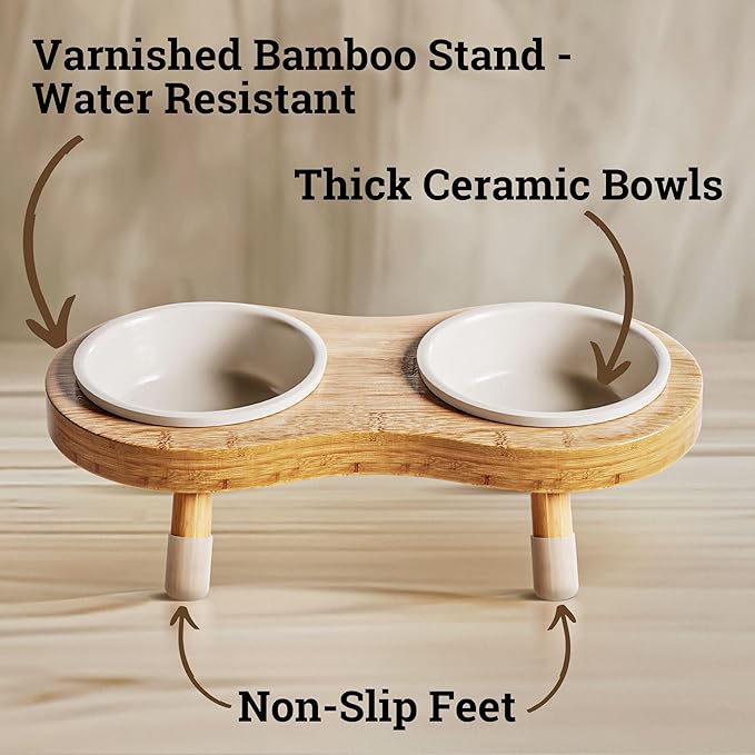 Elevated Cat Bowls - Set of 2 Ceramic Pet Food Bowls with Anti-Slip Bamboo Stand - 15 Degree Titled - Raised Dog Bowl for Small Dogs - Raised Cat Bowl Stand - Pet Feeding Station for Cats & Small Dogs