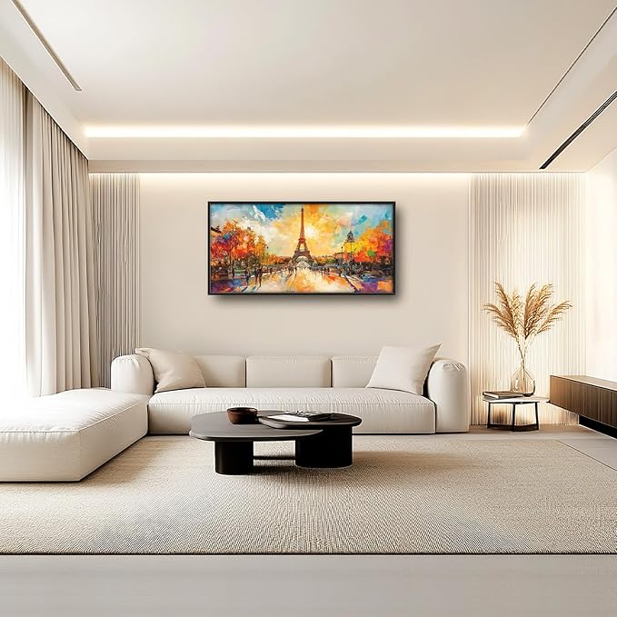 Framed Large Eiffel Tower Wall Art for Living Room, Oversized Paris City Street Landscape Wall Decor, Colorful Sunrise Canvas Painting Modern Artwork for Living Room Bedroom Office 60"x30"
