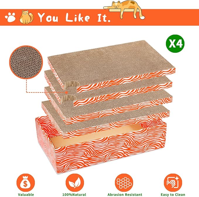 Cat Scrather Box with 4 pcs Large Scratching Cardboard and Toy Ball, Catnip, 4 in 1 Large Refillable & Reversible Cat Scratcher Pad, Cardboard Cat Bed for Big Medium Small Lazy Kitty