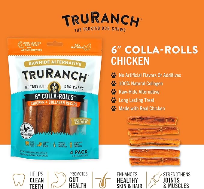 Collagen Rolls - 6" Collagen Rolls for Dogs - Long Lasting Healthy Joint Support Dog Treat - Rawhide Alternative - Skin & Coat Health - Made with Real Chicken, 1 Bag, 4 Count