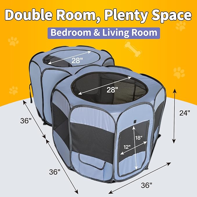 EighteenTek XLarge 2-in-1 Pop up Dog Playpen, Assembly-Free, with Leakproof Pet Pee Pads,Portable Foldable Cat Tent Enclosure Indoor Outdoors Puppy Kittens Small Animals Crates (M, 72" Lx36 Wx24 H)