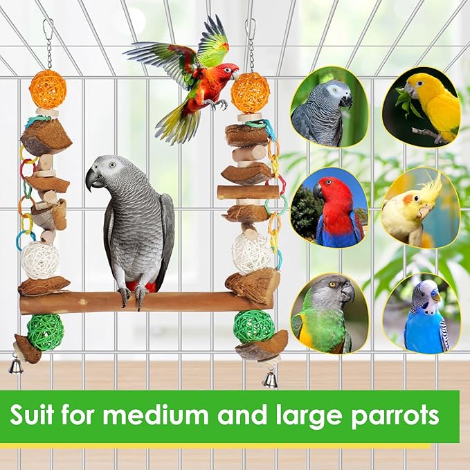3-in-1 Parrot Toys Natural Coconut Fiber Parrot Hammock (Swing + Perch + Chew Toy) Natural Bird Perches for Medium Large Birds - 23" Bird Toys for Parrots Stand