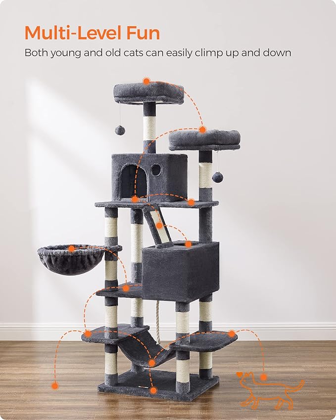 Feandrea Cat Tree, 66.1-Inch Large Cat Tower with 13 Scratching Posts, 2 Perches, 2 Caves, Basket, Hammock, Pompoms, Multi-Level Plush Cat Condo for Indoor Cats, Smoky Gray UPCT165G01