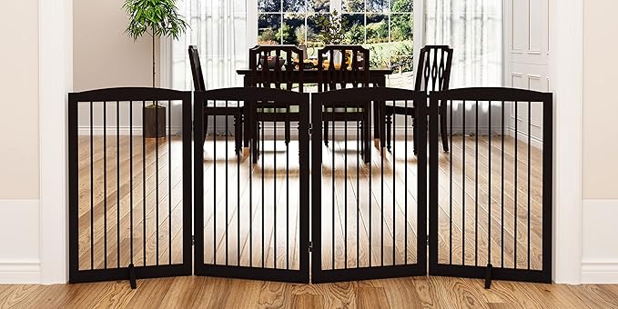 Freestanding Pet Gate for Dogs, Indoor Wooden Foldable Dog Gate for House, Doorway, Stair, 80 Inch Wide, 4 Panels 32",Brown