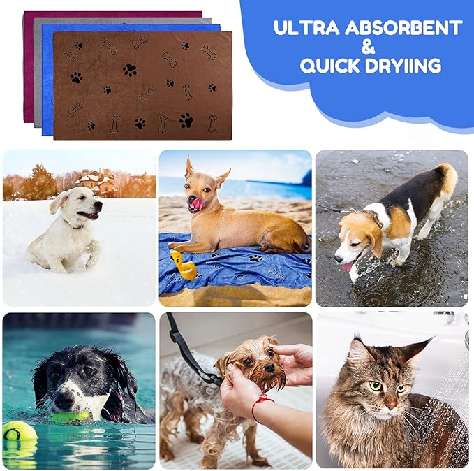 Chumia 4 Pcs Dog Towels for Drying Dog Puppy Bulk Microfiber Absorbent Paw Towel Pet Bathing Supplies Quick Drying for Medium Cats Pets Shower(24 x 40 Inch,Grey,Blue,Coffee,red)