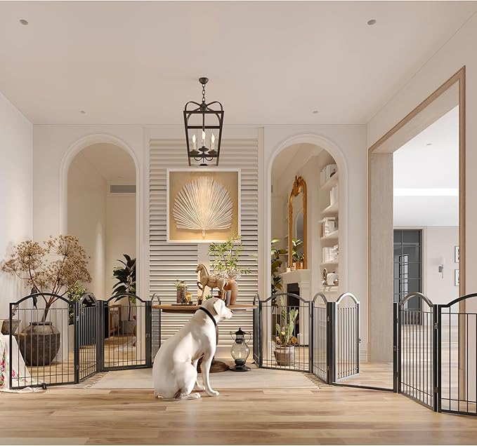 BHG Metal No-Assembly Freestanding Dog Gate with Door Walk Through, Extra Wide 144", Extra Tall 32" Pet Gate, Accordion Puppy Folding Playpen Dog Fence, with 2PCS Support (Black, 6 panesl)