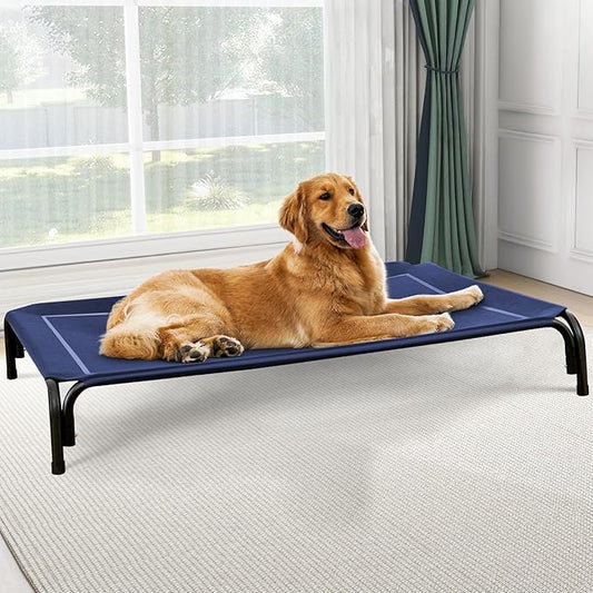 Elevated Dog Bed, Raised Outdoor Dog Bed for Large Sized Dogs, Portable Cooling Pet Cot with Breathable & Washable Mesh, Indoor & Outdoor Pet Hammock with Skid-Resistant Feet.